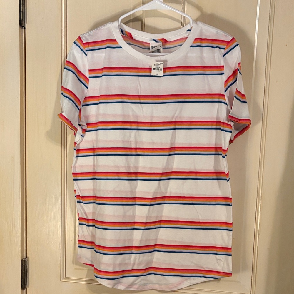 PINK Victoria's Secret White Tee with Colorful Stripes